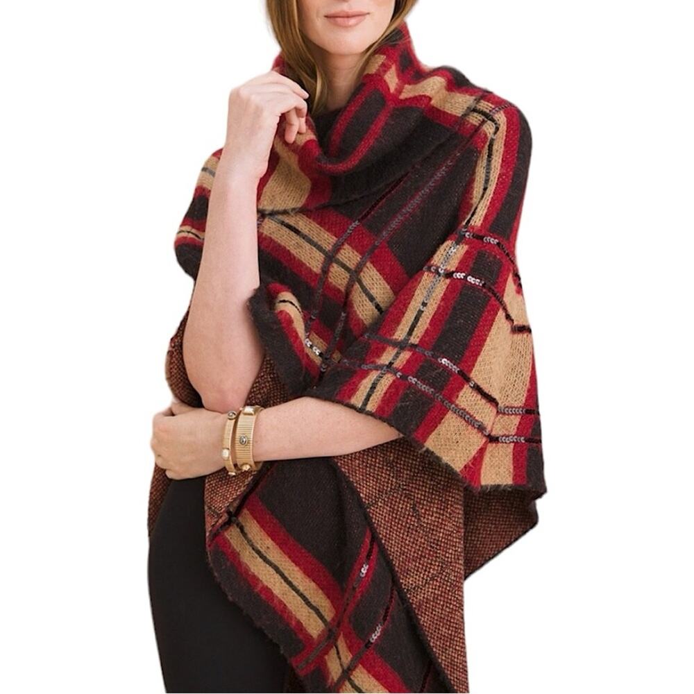 Chico’s Sequined Plaid Cowlneck Poncho Red, Black & Tan Size S/M